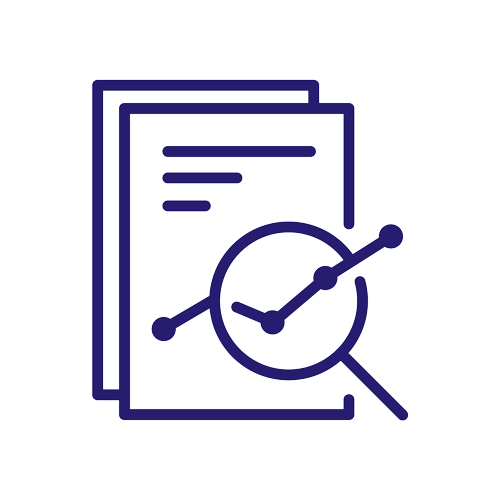 papers with a magnifying glass with line chart